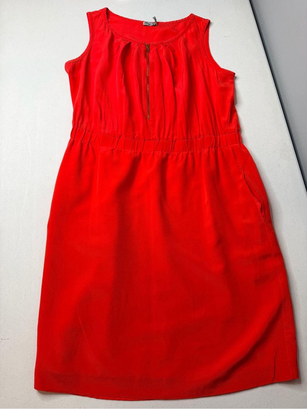 ELIZA J 100% Silk Orangish Red Pleated Zip Sheath Dress 12 | Lux Coral Workwear - Picture 10 of 11